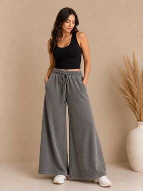NEW Zenana Ash Black Acid Wash Wide Leg Sweatpants Size Large Cotton Relaxed